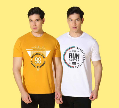 WOOSTRO Printed, Solid Men Round Neck White, Yellow T-Shirt