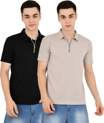 YUALIN CREATION Self Design Men Polo Neck Black, Beige T-Shirt