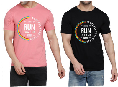 WOOSTRO Printed Men Round Neck Pink, Black T-Shirt