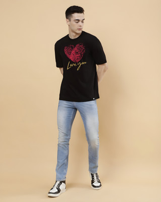 Kaido Self Design Men Round Neck Black T-Shirt