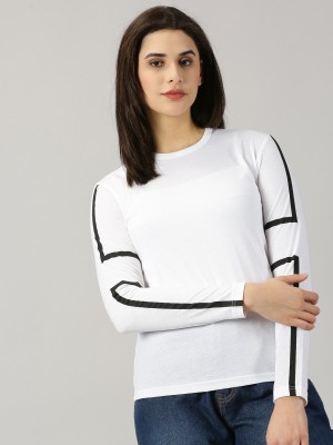 AUSK Solid Women Round Neck White, Black T-Shirt