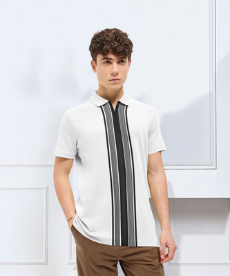 Starvy Striped Men Polo Neck White T-Shirt