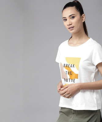 Roadster Typography Women Round Neck White T-Shirt