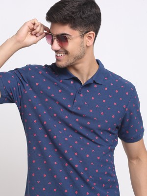 Affordable AF Printed Men Polo Neck Navy Blue T-Shirt