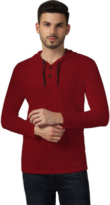GEUM Solid Men Hooded Neck Maroon T-Shirt