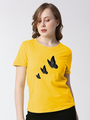 ZHINI Graphic Print Women Round Neck Reversible Yellow T-Shirt