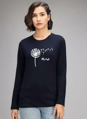 ElecTro Fashion Printed Women Round Neck Dark Blue T-Shirt