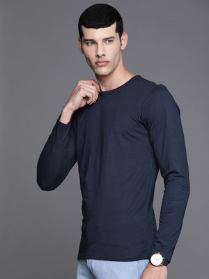 RULEDBYSUN Solid Men Round Neck Navy Blue T-Shirt