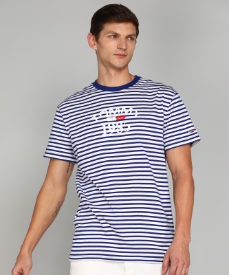 TOMMY HILFIGER Striped Men Round Neck Dark Blue T-Shirt