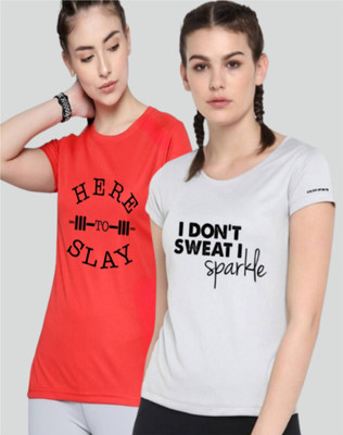 SPOWEARY Printed, Typography Women Round Neck Grey, Red T-Shirt