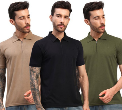 MONTCLAIR Solid Men Polo Neck Black, Brown, Dark Green T-Shirt