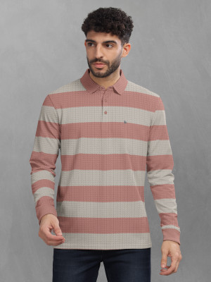 Bullmer Striped Men Polo Neck Pink T-Shirt