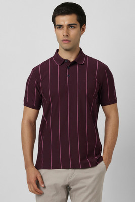 VAN HEUSEN Striped Men Polo Neck Maroon T-Shirt