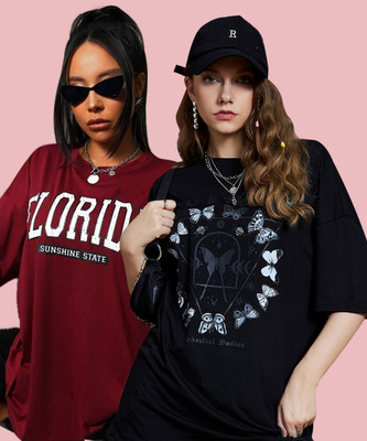 Christy World Printed Women Round Neck Black, Maroon T-Shirt