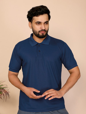 ANAND Solid Men Polo Neck Dark Blue T-Shirt