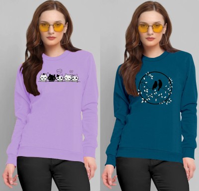 BelleBird Printed Women Round Neck Purple, Dark Blue T-Shirt