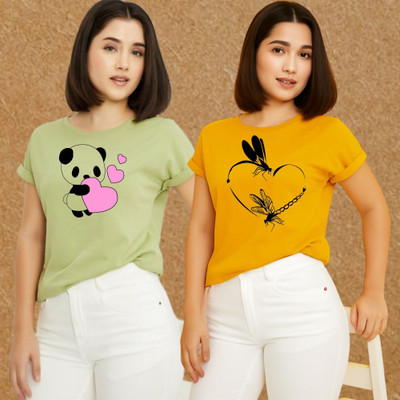 Kasendra Graphic Print Women Round Neck Green, Yellow T-Shirt