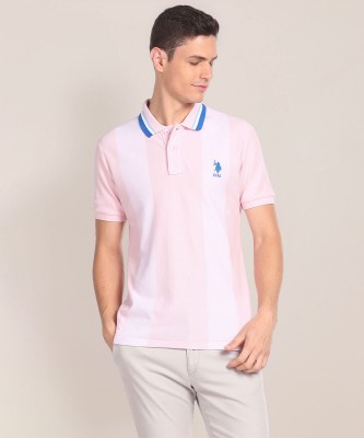 U.S. POLO ASSN. Striped Men Polo Neck Pink T-Shirt