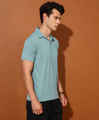 Christy World Solid Men Polo Neck Light Blue T-Shirt