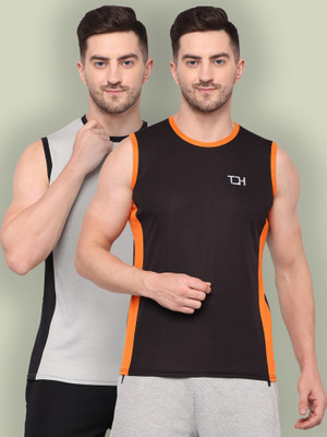 TQH Solid Men Round Neck Grey, Brown T-Shirt