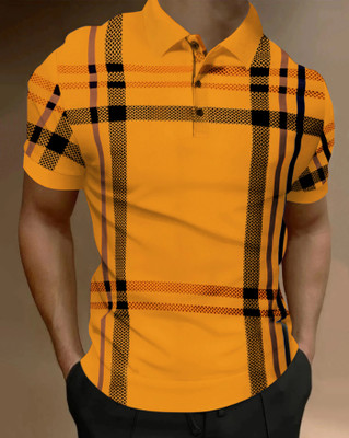 AUSK Checkered Men Polo Neck Yellow T-Shirt