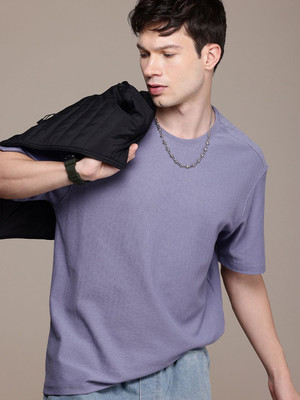 WROGN Self Design Men Round Neck Purple T-Shirt
