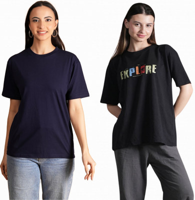 METRONAUT Printed, Solid Women Round Neck Multicolor T-Shirt