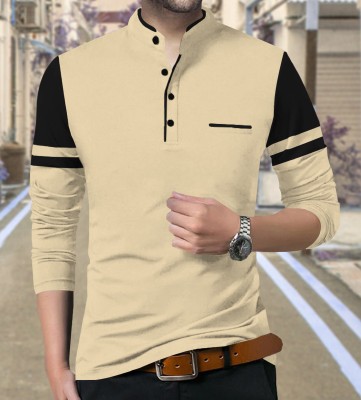 TRIPR ORIGINALS Self Design Men Mandarin Collar Beige, Black T-Shirt