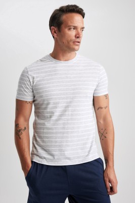 defacto Striped Men Round Neck Grey T-Shirt