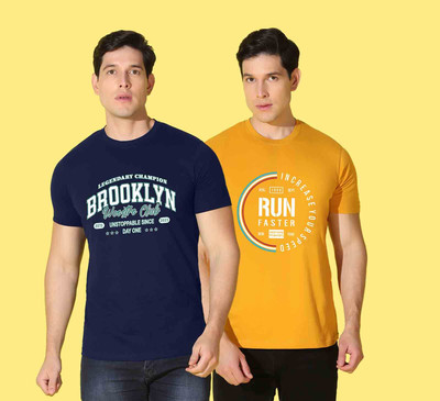 WOOSTRO Typography Men Round Neck Blue, Yellow T-Shirt