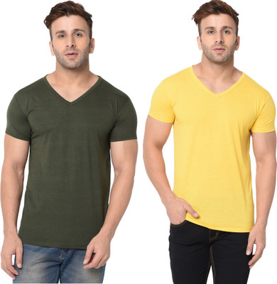 Tresna Trending Solid Men V Neck Dark Green, Yellow T-Shirt