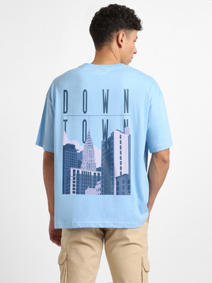 NOBERO Graphic Print Men Crew Neck Light Blue T-Shirt
