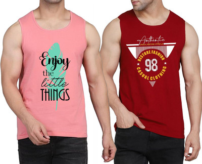 WOOSTRO Printed Men Scoop Neck Pink, Maroon T-Shirt