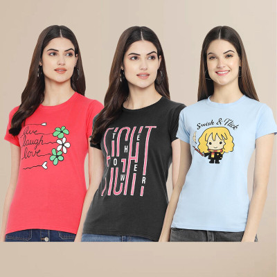 METRONAUT Printed Women Round Neck Light Blue, Black, Red T-Shirt