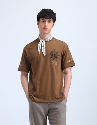 FLYING MACHINE Geometric Print Men Round Neck Brown T-Shirt