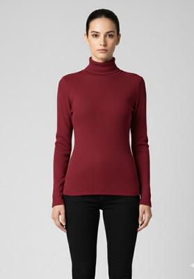ELIstyles Self Design Women Turtle Neck Maroon T-Shirt