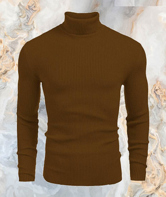 Cat Bunny Self Design High Neck Casual Men Brown Sweater