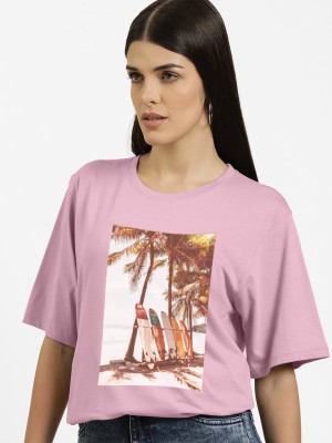 radprix Printed Women Round Neck Pink T-Shirt
