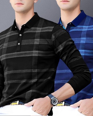 EyeBogler Checkered Men Mandarin Collar Black, Blue T-Shirt