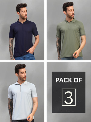 MONTCLAIR Solid Men Polo Neck Navy Blue, Dark Green, Grey T-Shirt