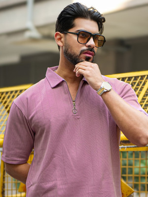 MANIAC Solid Men Polo Neck Pink T-Shirt