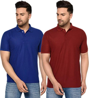 Urban Style Solid Men Polo Neck Blue, Maroon T-Shirt