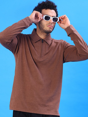 V-MART Solid Men Polo Neck Brown T-Shirt