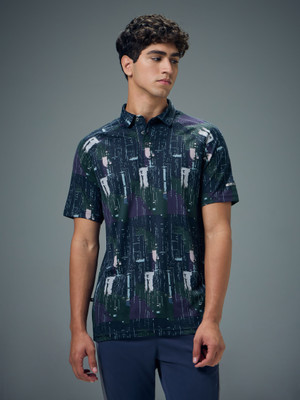 TECHNOSPORT Printed Men Polo Neck Blue T-Shirt