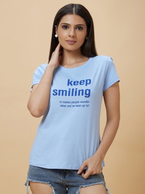 Globus Typography Women Round Neck Blue T-Shirt