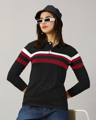 Outlander Colorblock Women Polo Neck Black T-Shirt