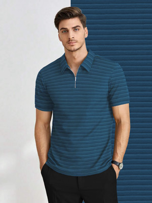 THE DRY STATE Self Design Men Zip Neck Blue T-Shirt