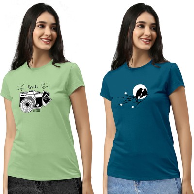 ZentWorld Printed Women Round Neck Light Green, Dark Blue T-Shirt