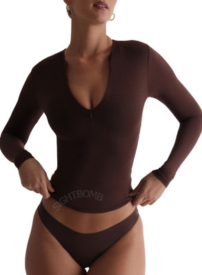 SIGHTBOMB Solid Women Round Neck Brown T-Shirt