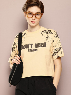 Kook N Keech Printed Women Round Neck Yellow T-Shirt